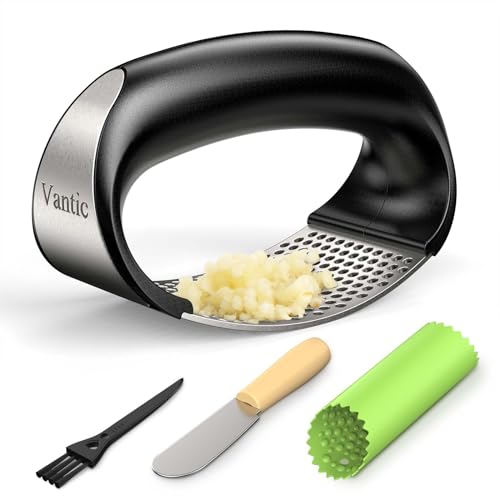 Vantic Garlic Press Rocker - Stainless Steel Garlic Crusher, Mincer and Chopper with Peeler & Scraper, Easy Kitchen Gadget for Effortless Smashing - Image 1