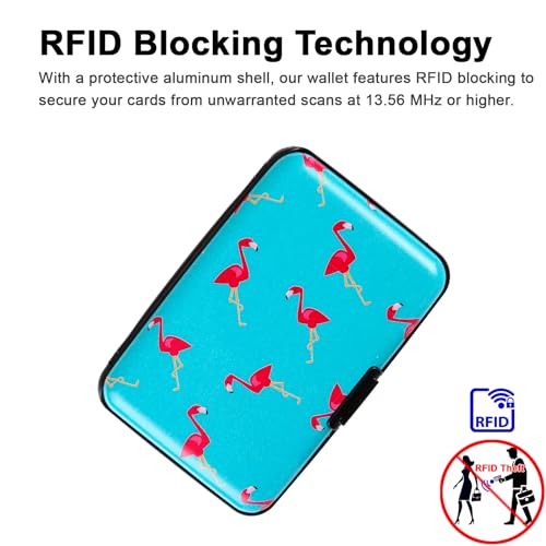 Kaabao Credit Card Holder for Women Men Small RFID Blocking Wallet Business Metal Slim Mini Aluminum Hard Case Gift (Flamingo Blue Background) - Image 3