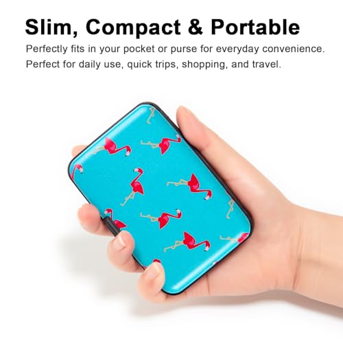 Kaabao Credit Card Holder for Women Men Small RFID Blocking Wallet Business Metal Slim Mini Aluminum Hard Case Gift (Flamingo Blue Background) - Image 2