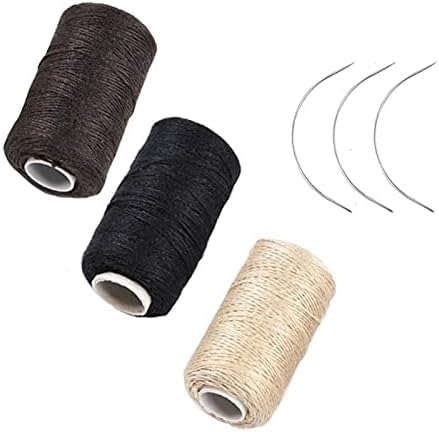 Funyn 3 Rolls Hair Weaving Thread Cotton Sewing Thread Making Wig Clips in Hair Extension Hair Salon Weft Thick Thread with 3 Curved Needles Mixture Colors