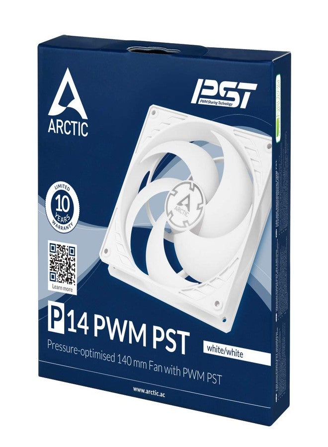 أركتيك مروحة Arctic P14 PWM PST - 140 مم لحافظة الكمبيوتر، مزودة بتقنية مشاركة عرض النبضة (PST)، ومحرك هادئ للغاية مُحسَّن الضغط، سرعة دوران المروحة: 200-1700 دورة في الدقيقة - أبيض/أبيض - Image 5