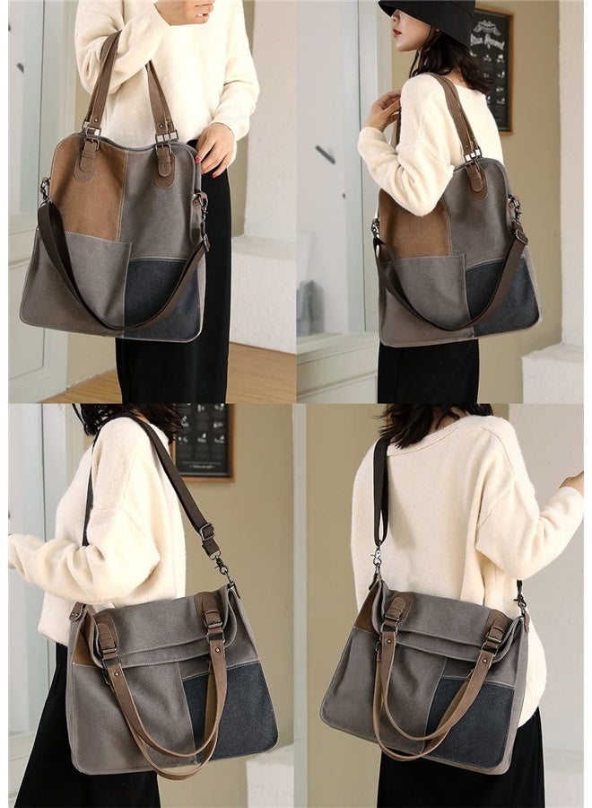 Women Canvas Tote Bag Top-handle Purses Contrast Color Crossbody Shoulder Bags Commuter Handbags  - Image 5