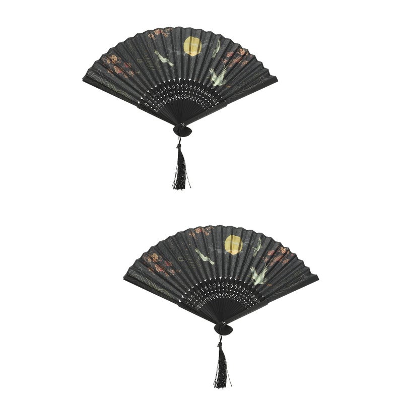 2pcs Chinese Style Handle Fan Chinese Folding Fan Oriental Handheld Silk Fabric Fan Decoration - Image 1
