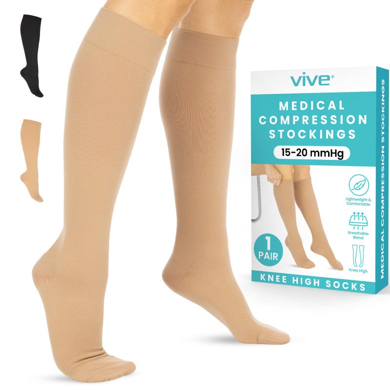 Vive Knee High Compression Socks for Women & Men â€“ 15-20mmHg Medical Support Stockings for Varicose Veins, Swelling, Soreness & Airplane Travel â€“ Breathable TED Hose for Legs & Feet, Pregnancy (Beige) - Image 1