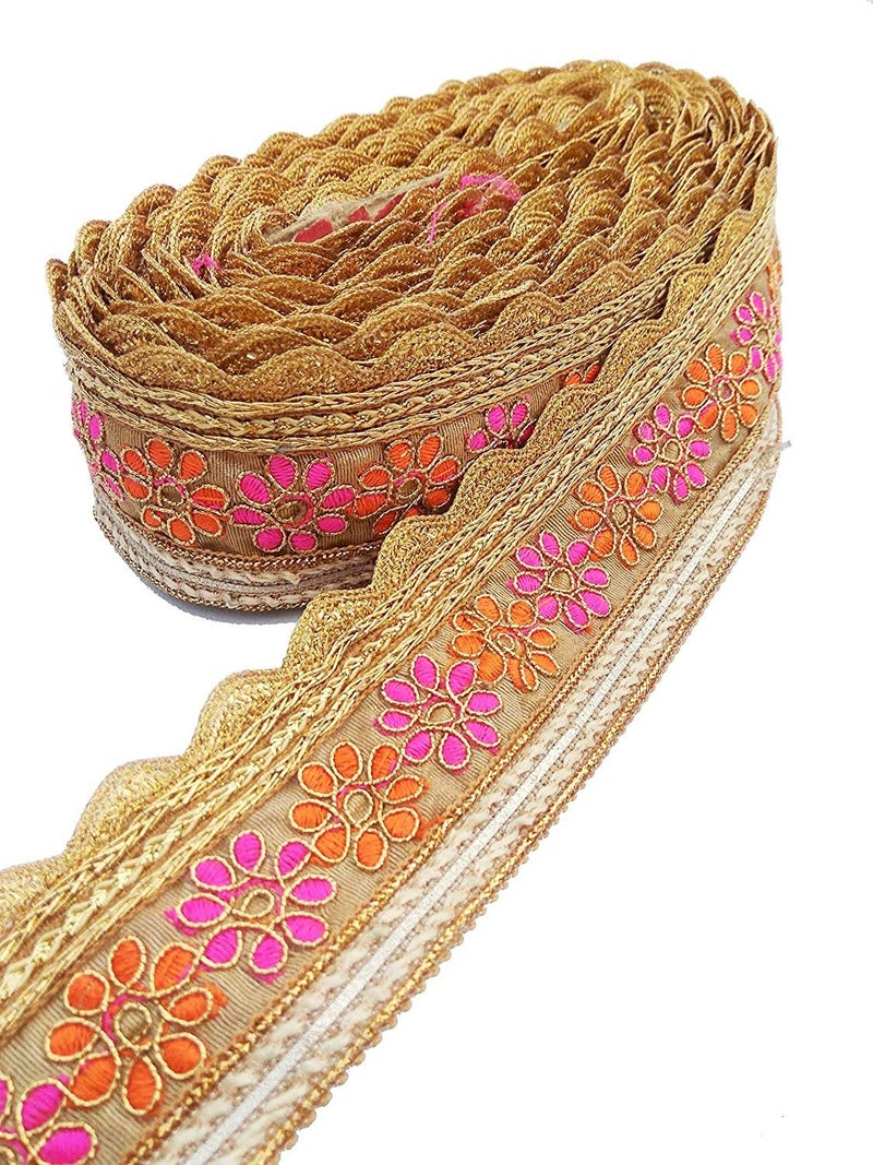 NEW BEST Womens Fabric Embroidery Pink and Orange Flower Golden Cutting Desing Heavy Work Trim Ribbon Standard Lace Saree Border Multicolour 55 cm Width 9 m