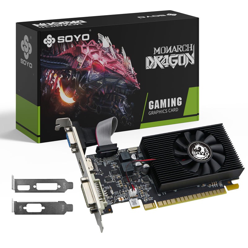 SoYo بطاقة الرسوميات SOYO GeForce GT 740 بسعة 4GB ذات الملف المنخفض، مخرج ثلاثي HDMI/VGA/DVI-D، 4GB DDR3 128-Bit، بطاقة فيديو نصف ارتفاع SFF لأجهزة الكمبيوتر المكتبية النحيفة، وحدة معالجة الرسوميات تدعم Windows 11/10/8/7 - Image 1