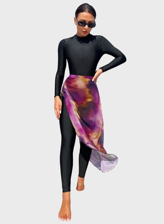 بوركيني طقم ملابس سباحة مكون من قطعتين تغطية كاملة بدلة سباحة بأكمام طويلة بتنورة شيفون ملفوفة بسحاب مسلم محافظة موضة محتشمة كلاسيكية إسلامية حماية من الشمس بدلة غوص بدلة ركوب الأمواج