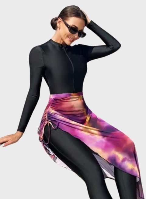 بوركيني طقم ملابس سباحة مكون من قطعتين تغطية كاملة بدلة سباحة بأكمام طويلة بتنورة شيفون ملفوفة بسحاب مسلم محافظة موضة محتشمة كلاسيكية إسلامية حماية من الشمس بدلة غوص بدلة ركوب الأمواج