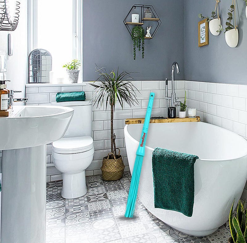 Homfine™ Long Handle Kharata Plastic Hard Bristle Broom for Bathroom Cleaning (Aqua green, 1 Pc) - Image 3