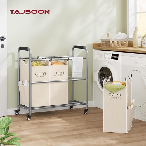 Tajsoon 3 Bag Laundry Sorter Cart, Laundry Hamper Sorter Basket with Heavy Duty Lockable Rolling Wheels for Clothes Storage, Beige - Image 2