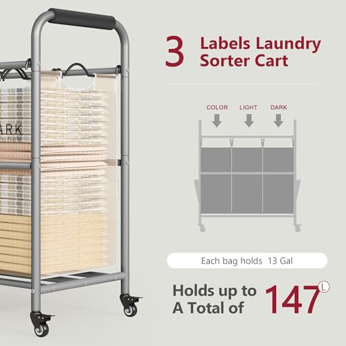 Tajsoon 3 Bag Laundry Sorter Cart, Laundry Hamper Sorter Basket with Heavy Duty Lockable Rolling Wheels for Clothes Storage, Beige - Image 3