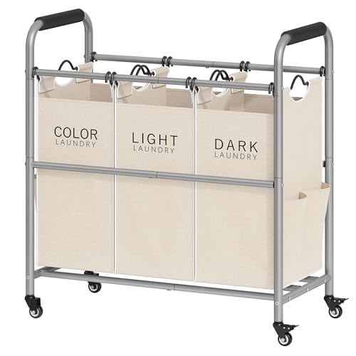 Tajsoon 3 Bag Laundry Sorter Cart, Laundry Hamper Sorter Basket with Heavy Duty Lockable Rolling Wheels for Clothes Storage, Beige - Image 1