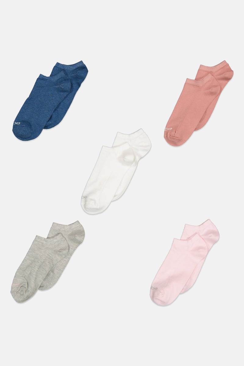 bebe Women 5 Pairs Brand Logo Ankle Socks, Blue/Pink/Grey - Image 1