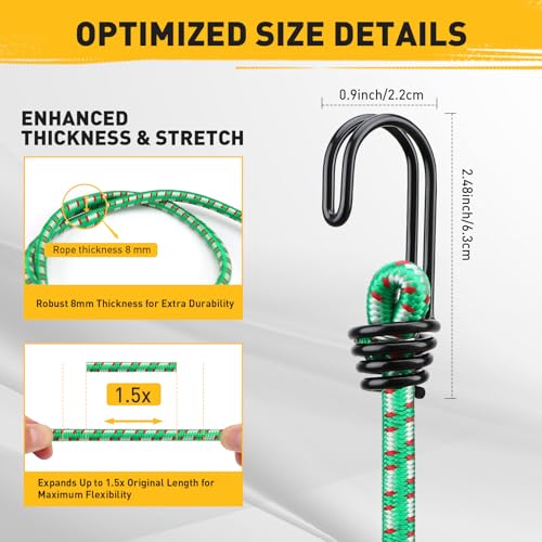 ELEAD حبال بونجي ثقيلة للخارج: 20 قطعة من حبال بونجي مطاطية ممتازة مع خطافات في جرة تخزين تشمل 10"، 18"، 24"، 30"، 36"، 48" لحبال التخييم، الخيام، ربط العناصر - Image 3