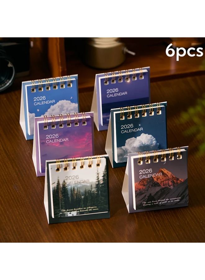 6 قطع من التقويم المصغر لعام 2026 بتصميم المناظر الطبيعية الإبداعي وتجليد حلزوني متين للمكاتب - Image 1