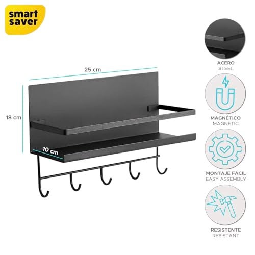 Smart Saver Fridge Mounted Magnetic Spice Tiered Shelf Rack Strong Magnet Shelf with 5 Hooks Perfect Space Saver for Small Kitchen/Apartment Awesome Metal Cabinet - Dark Green - Image 2
