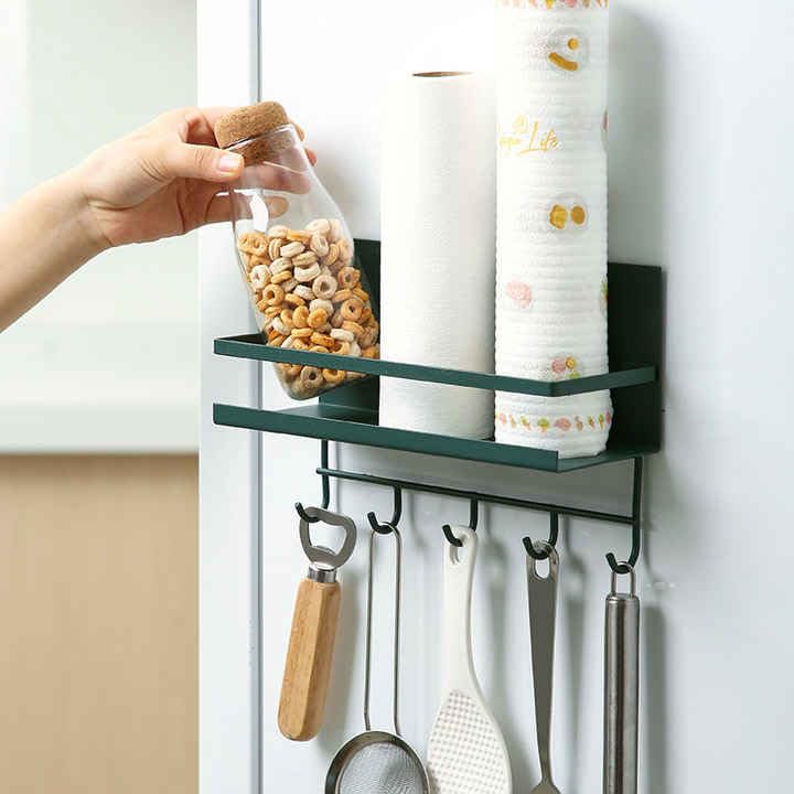 Smart Saver Fridge Mounted Magnetic Spice Tiered Shelf Rack Strong Magnet Shelf with 5 Hooks Perfect Space Saver for Small Kitchen/Apartment Awesome Metal Cabinet - Dark Green - Image 5