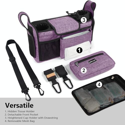 TOPDesign Universal Baby Stroller Organizer Stroller Caddy with Detachable Mesh Bag Heightened Insulated Cup Holders NonSlip Secure Hooks Accessories Fits Most Strollers Purple - Image 3