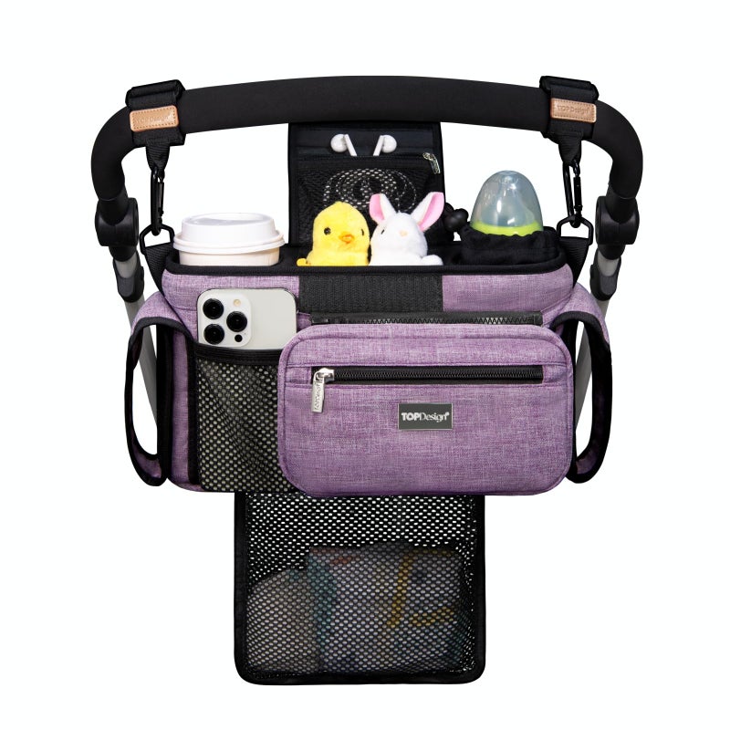 TOPDesign Universal Baby Stroller Organizer Stroller Caddy with Detachable Mesh Bag Heightened Insulated Cup Holders NonSlip Secure Hooks Accessories Fits Most Strollers Purple - Image 2