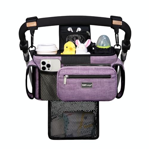 TOPDesign Universal Baby Stroller Organizer Stroller Caddy with Detachable Mesh Bag Heightened Insulated Cup Holders NonSlip Secure Hooks Accessories Fits Most Strollers Purple - Image 1