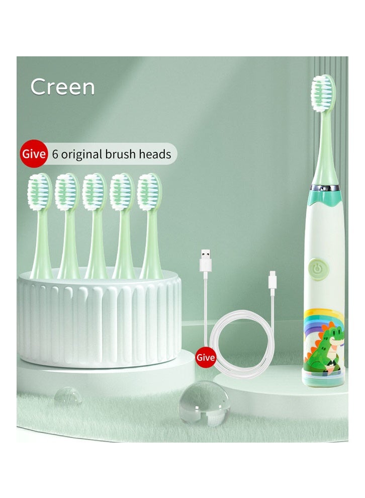 KLNAMAEAAN Children's Cartoon Electric Toothbrush Ultrasonic Soft Bristle Rechargeable Toothbrush 163 Green 6 Brush Heads (Type-C Rechargeable) - Image 1