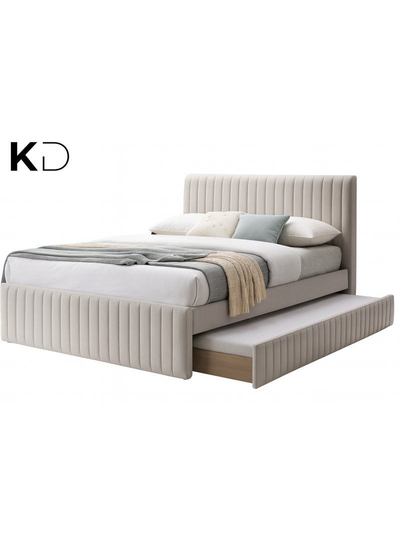 كستم ديكو سرير KustomDeco Amara الحديث المنجد مع لوح رأسي منجد وسرير قابل للسحب بتصميم قابل للتخصيص مقاس مزدوج 120 × 200 سم، بيج - Image 2