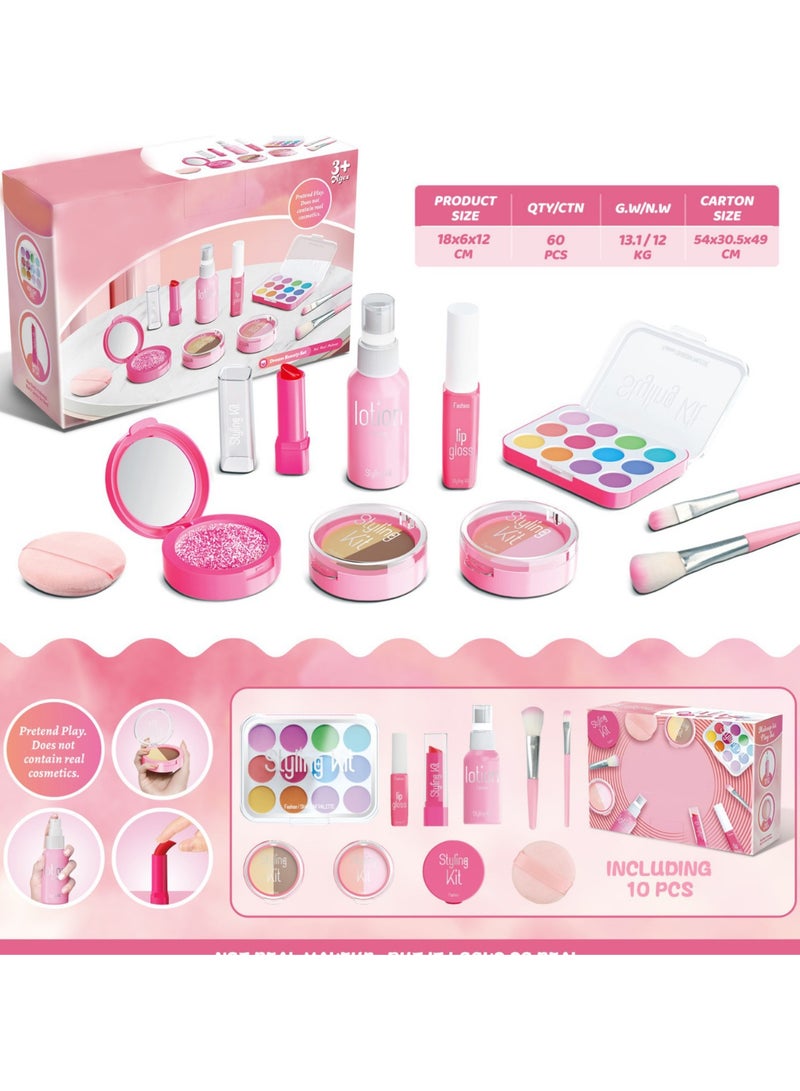 مجموعة مكياج تظاهرية للبنات، مجموعة مكياج تظاهرية للأطفال مكونة من 9 قطع، ظلال عيون غير حقيقية، لوحة أحمر خدود، أحمر شفاه، وردي، مجموعة تجميل مع صندوق أزياء، مجموعة ألعاب مكياج للأطفال البنات - Image 1
