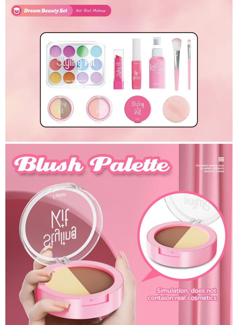 مجموعة مكياج تظاهرية للبنات، مجموعة مكياج تظاهرية للأطفال مكونة من 9 قطع، ظلال عيون غير حقيقية، لوحة أحمر خدود، أحمر شفاه، وردي، مجموعة تجميل مع صندوق أزياء، مجموعة ألعاب مكياج للأطفال البنات - Image 5