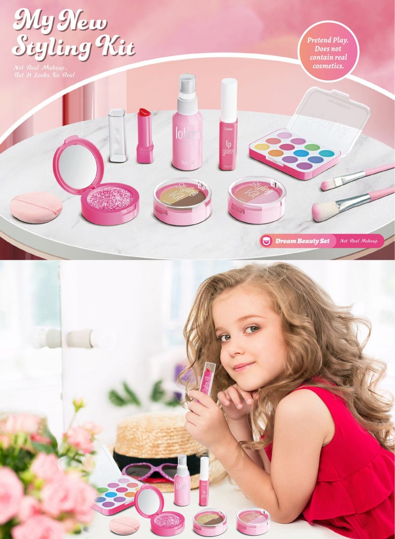 مجموعة مكياج تظاهرية للبنات، مجموعة مكياج تظاهرية للأطفال مكونة من 9 قطع، ظلال عيون غير حقيقية، لوحة أحمر خدود، أحمر شفاه، وردي، مجموعة تجميل مع صندوق أزياء، مجموعة ألعاب مكياج للأطفال البنات - Image 2