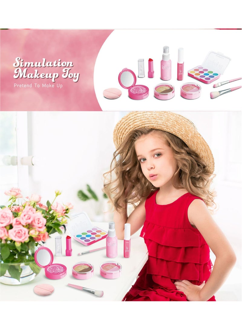مجموعة مكياج تظاهرية للبنات، مجموعة مكياج تظاهرية للأطفال مكونة من 9 قطع، ظلال عيون غير حقيقية، لوحة أحمر خدود، أحمر شفاه، وردي، مجموعة تجميل مع صندوق أزياء، مجموعة ألعاب مكياج للأطفال البنات - Image 3