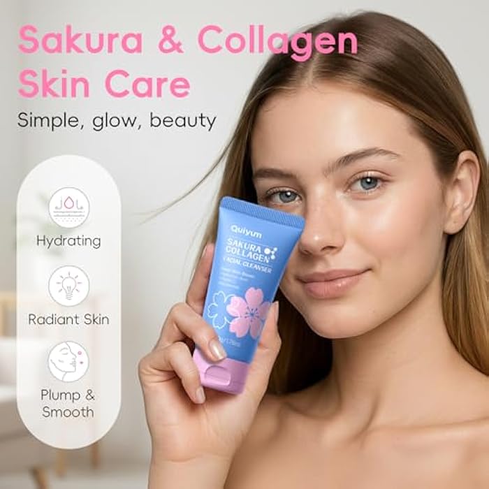 QUIYUM Sakura Collagen Skin Care Set - 6pcs Skincare with Facial Cleanser, Serum, Cream, Toner, Facial Brush, Bunny Hair Band & Makeup Bag, Deep Cleansing, Hydrating, Firming, Even Tone, Radiance - Image 2