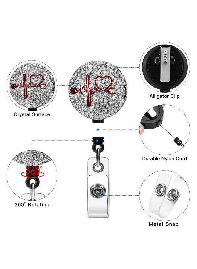 سوليبي ممرضة شارة بكرة 24 '' حامل شارة قابل للسحب مع مشبك التمساح الدوار بلينغ حجر الراين معرف شارة حامل للممرضات الأطباء المعلمين الطلاب حامل شارة معدل ضربات القلب (أبيض) - Image 4
