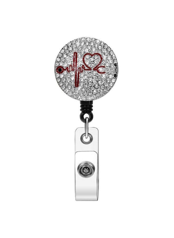 سوليبي ممرضة شارة بكرة 24 '' حامل شارة قابل للسحب مع مشبك التمساح الدوار بلينغ حجر الراين معرف شارة حامل للممرضات الأطباء المعلمين الطلاب حامل شارة معدل ضربات القلب (أبيض) - Image 1