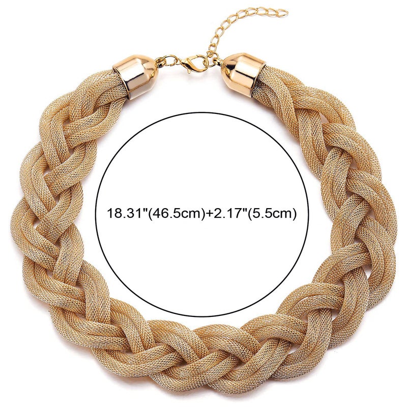 COOLSTEELANDBEYOND 18K Gold-Plated Statement Necklace, Braided Hollow Cable Large Bib Choker Collar, Dress Prom - Image 3