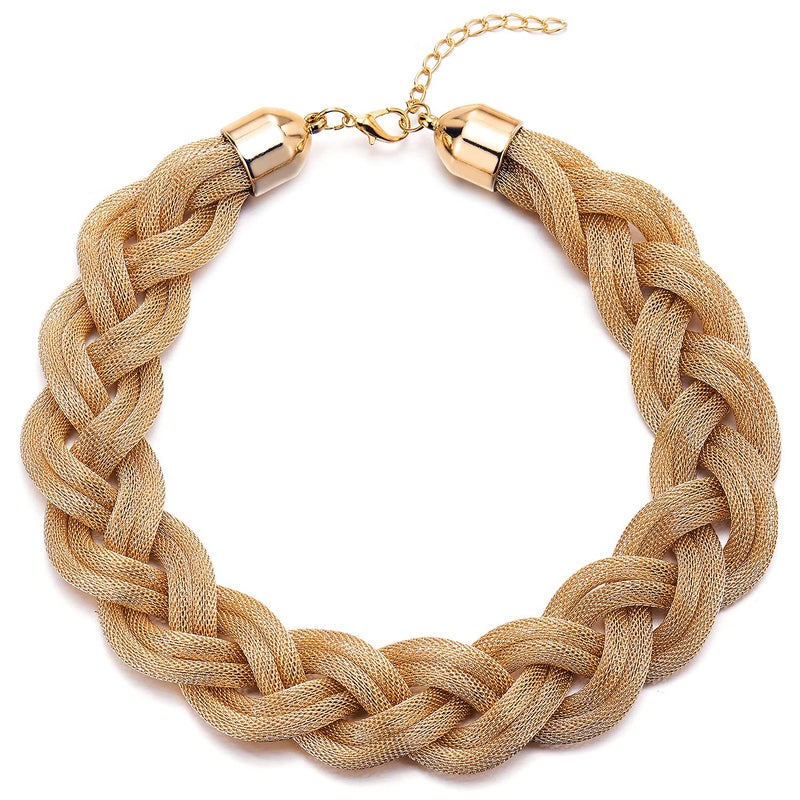 COOLSTEELANDBEYOND 18K Gold-Plated Statement Necklace, Braided Hollow Cable Large Bib Choker Collar, Dress Prom - Image 1