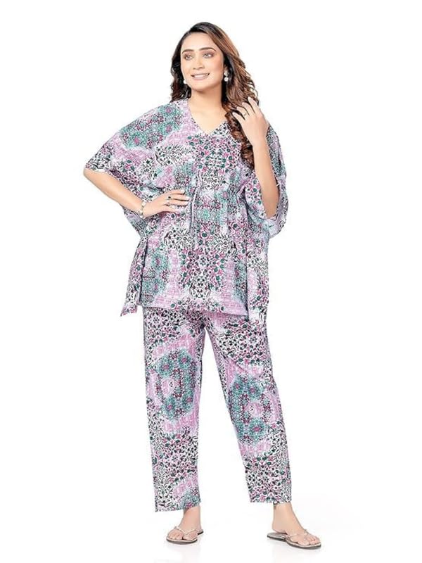 NEGLIGEE Women's Night Dress Cotton Printed Co Ord Set for Women | Night Suit Pyjama Set 2 pcs Casual Daywear Outfits (Free Size, Green) - Image 1