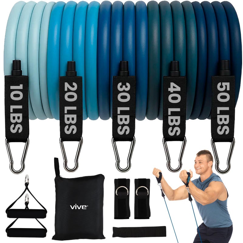 Vive Resistance Band Set (11 PCS) (With App) - Versatile Exercise Tubes with Wide Handles, Workout Poster, & Door Anchor - Adjustable 10-50 LB Tension for Full Body Home Fitness & Rehab -for Men/Women - Image 1