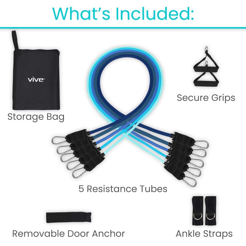 Vive Resistance Band Set (11 PCS) (With App) - Versatile Exercise Tubes with Wide Handles, Workout Poster, & Door Anchor - Adjustable 10-50 LB Tension for Full Body Home Fitness & Rehab -for Men/Women - Image 3