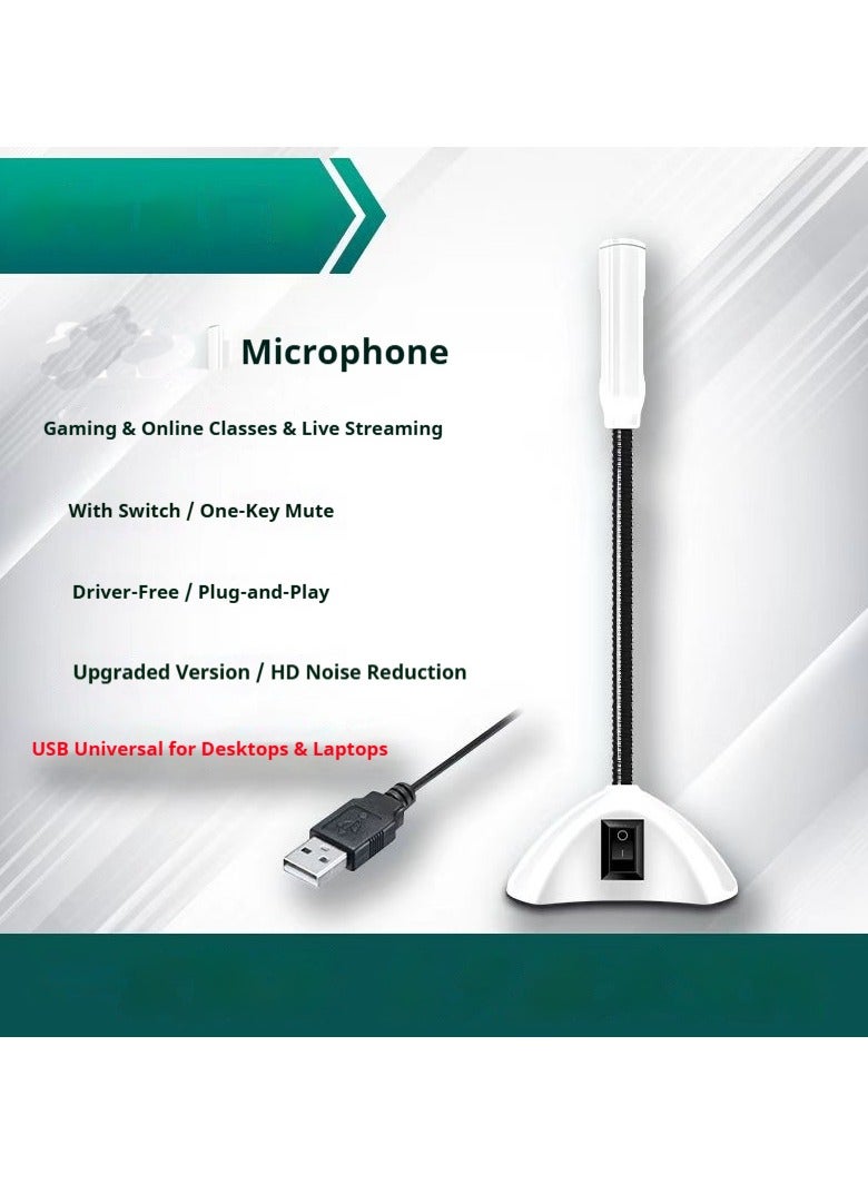 (White) USB Microphone, a plug-and-play gaming microphone compatible with PC, Mac, and PS4/5 platforms. Featuring mute, monitoring, noise reduction, and gain adjustment functions, it is an ideal choice for recording and live streaming.