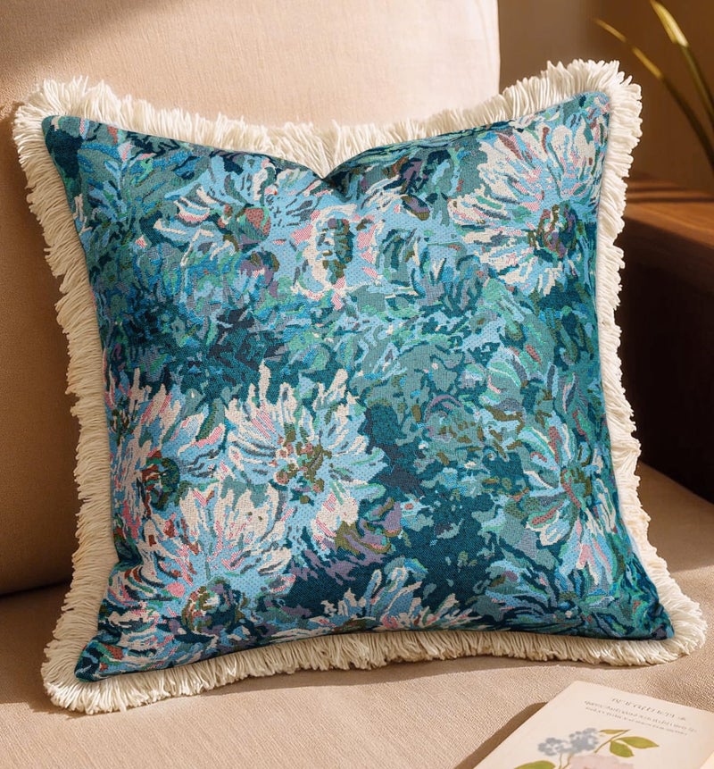 Kokaaee Decorative Throw Pillow Cover 18x18 - Vintage Pillowcovers with Fringe Bule Flower Cute Embroidered Pillow Case with Zipper for Living Room Couch Sofa Bed Rustic Boho Design Abstract - Image 1