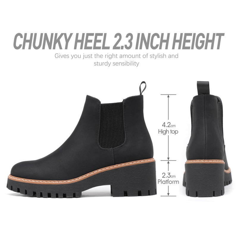DECARSDZ Womens Black Chunky Platform Chelsea Boot With Elastic Low Wedge Heel Slip On For Fall Work Suede Leather Classic Style Ankle Boots Women - Image 4