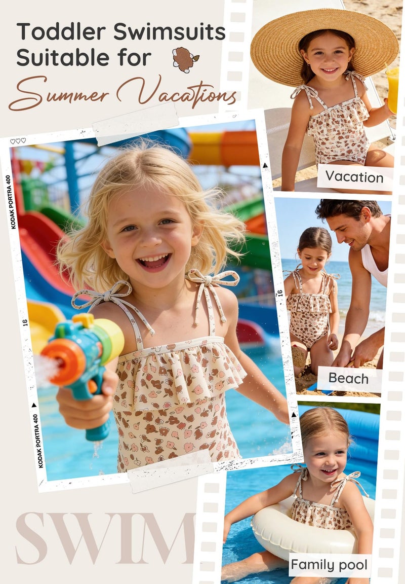 Zando Baby Swimsuit Girl Size 6-12 Months - Cute Ruffle Sling Baby Girl Bathing Suit, One Piece Toddler Swimwear with Adjustable Straps, Infant Swim Suit for Summer Beach Vocation Wear B Khaki Flowers - Image 2