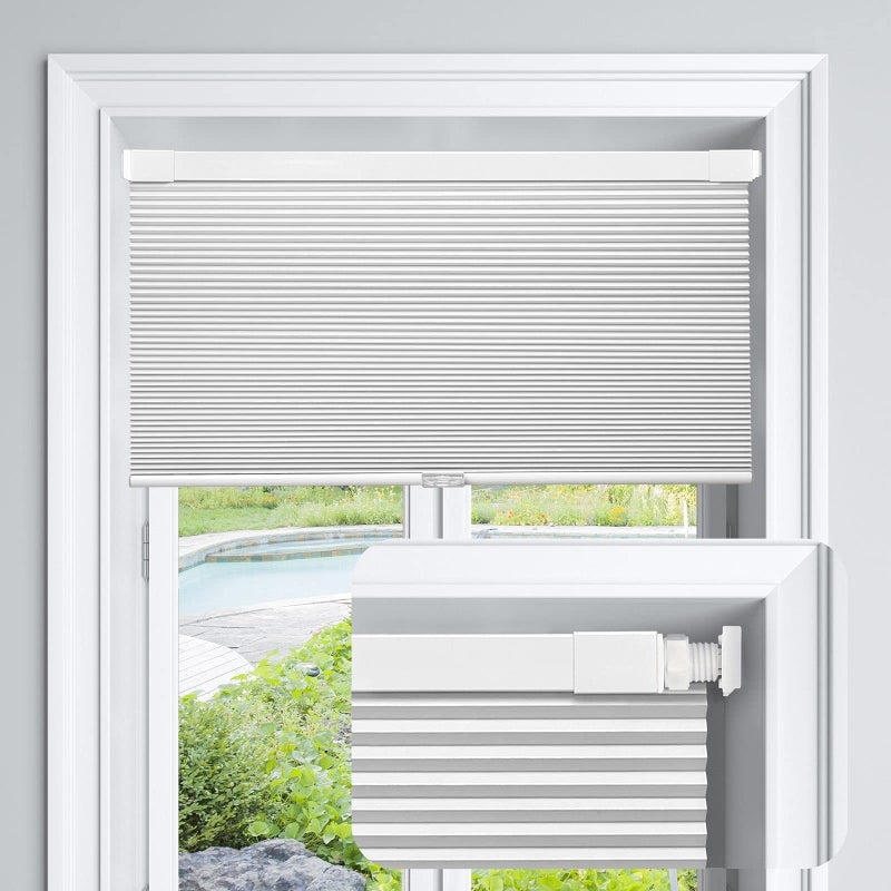 LazBlinds LazBlinds Cordless Cellular Shades No Tools No Drill Blackout Honeycomb Shades Pleated Blinds for Windows 30 W x 64 H Silver White 