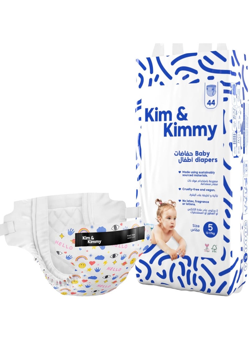 Kim & Kimmy Eco Diapers, Size 5, 12-17 kg, 44 Diapers - 12 Hour Leak Protection, No Rashes, Hypoallergenic, Ultra-Soft & Highly Absorbent - Cruelty Free & Vegan