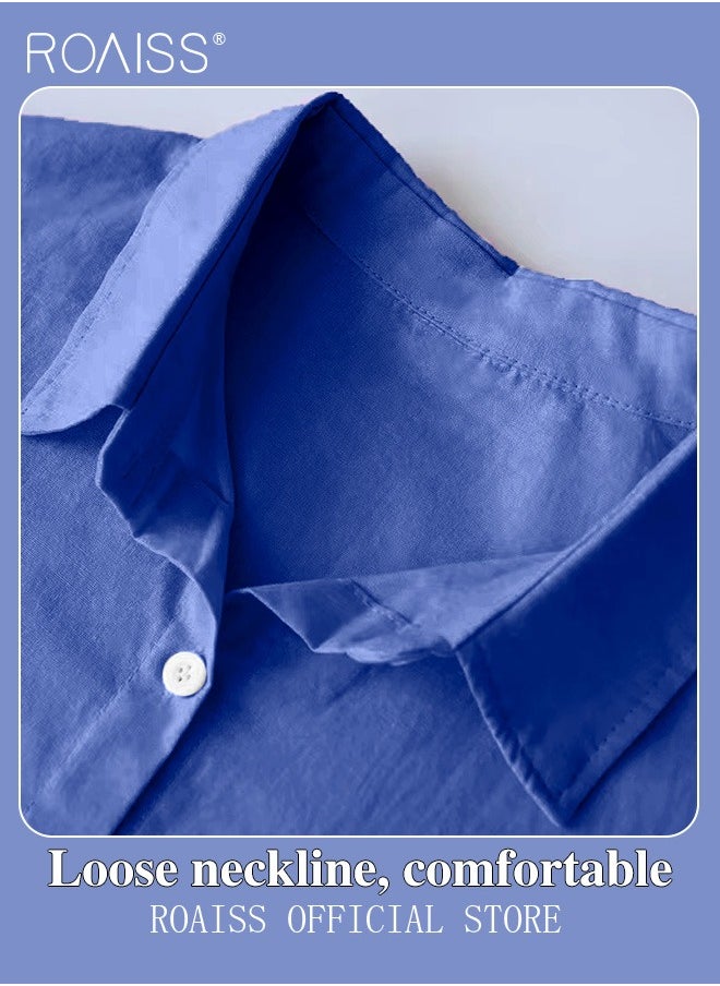 roaiss - Ladies 2 Piece Set New Trend Fashion Classic Solid Color Cotton Linen Shirt Suit Summer Spring Plus Size Clothes for Women Breathable and Cool Long-Sleeve Lapel Shirt Loose Pants - Image 1