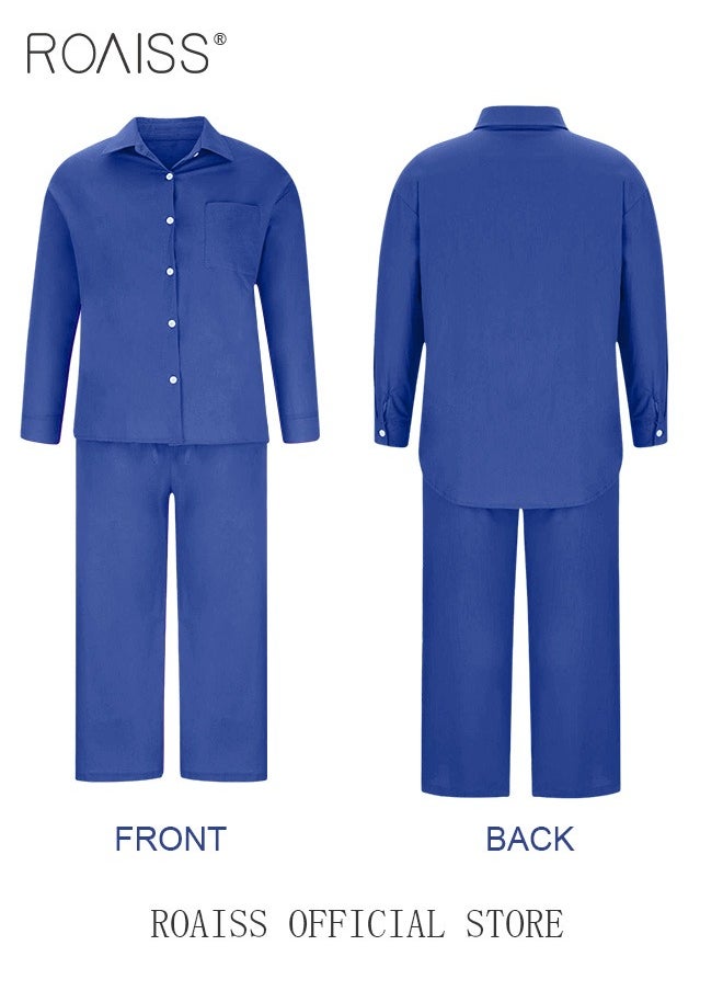 roaiss - Ladies 2 Piece Set New Trend Fashion Classic Solid Color Cotton Linen Shirt Suit Summer Spring Plus Size Clothes for Women Breathable and Cool Long-Sleeve Lapel Shirt Loose Pants - Image 1