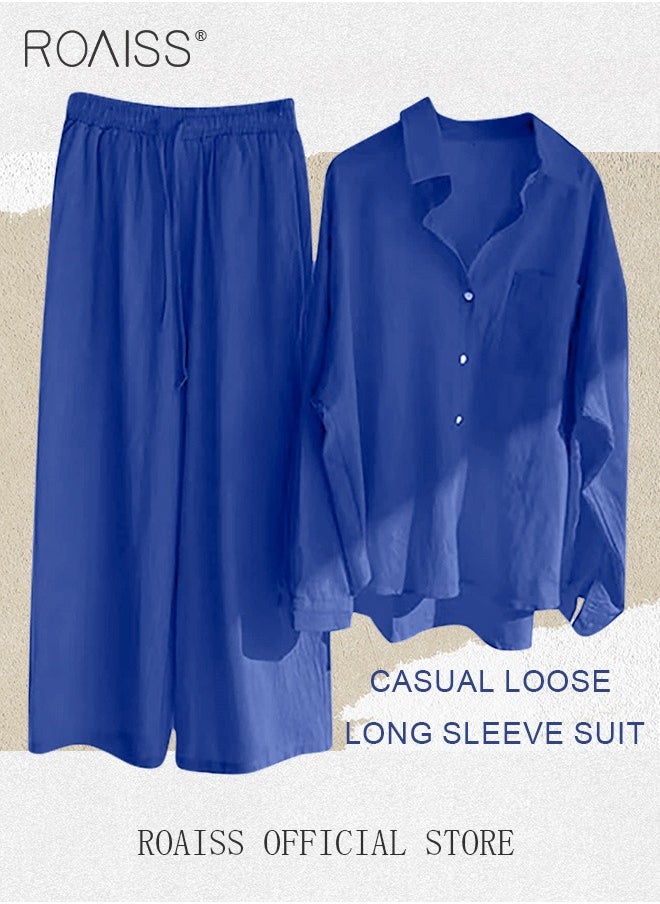 roaiss - Ladies 2 Piece Set New Trend Fashion Classic Solid Color Cotton Linen Shirt Suit Summer Spring Plus Size Clothes for Women Breathable and Cool Long-Sleeve Lapel Shirt Loose Pants - Image 1