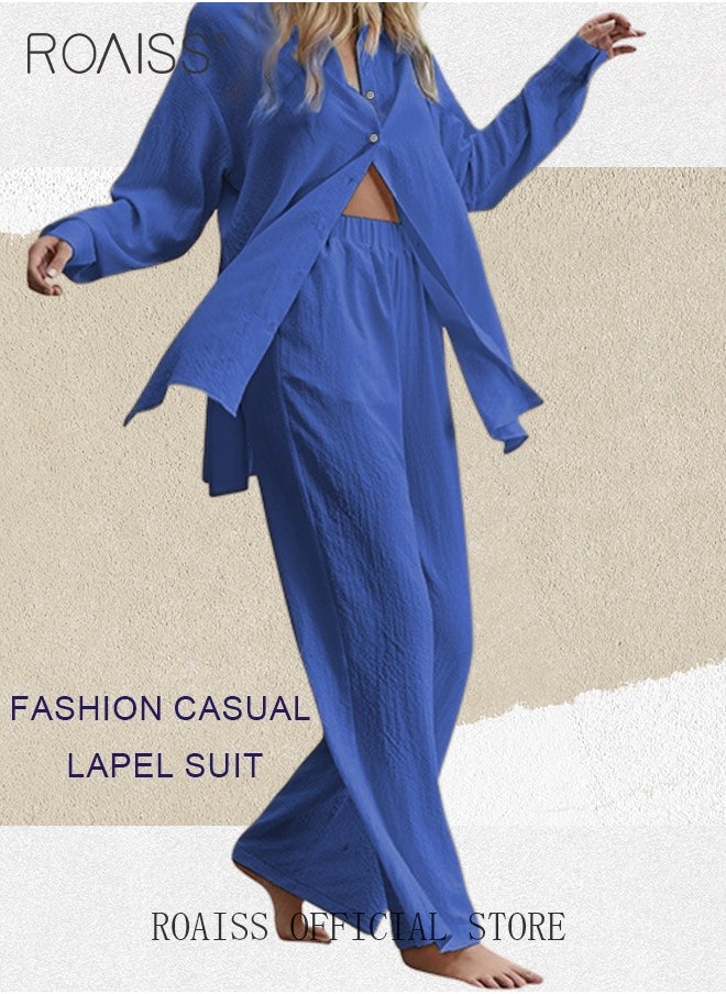roaiss - Ladies 2 Piece Set New Trend Fashion Classic Solid Color Cotton Linen Shirt Suit Summer Spring Plus Size Clothes for Women Breathable and Cool Long-Sleeve Lapel Shirt Loose Pants - Image 1