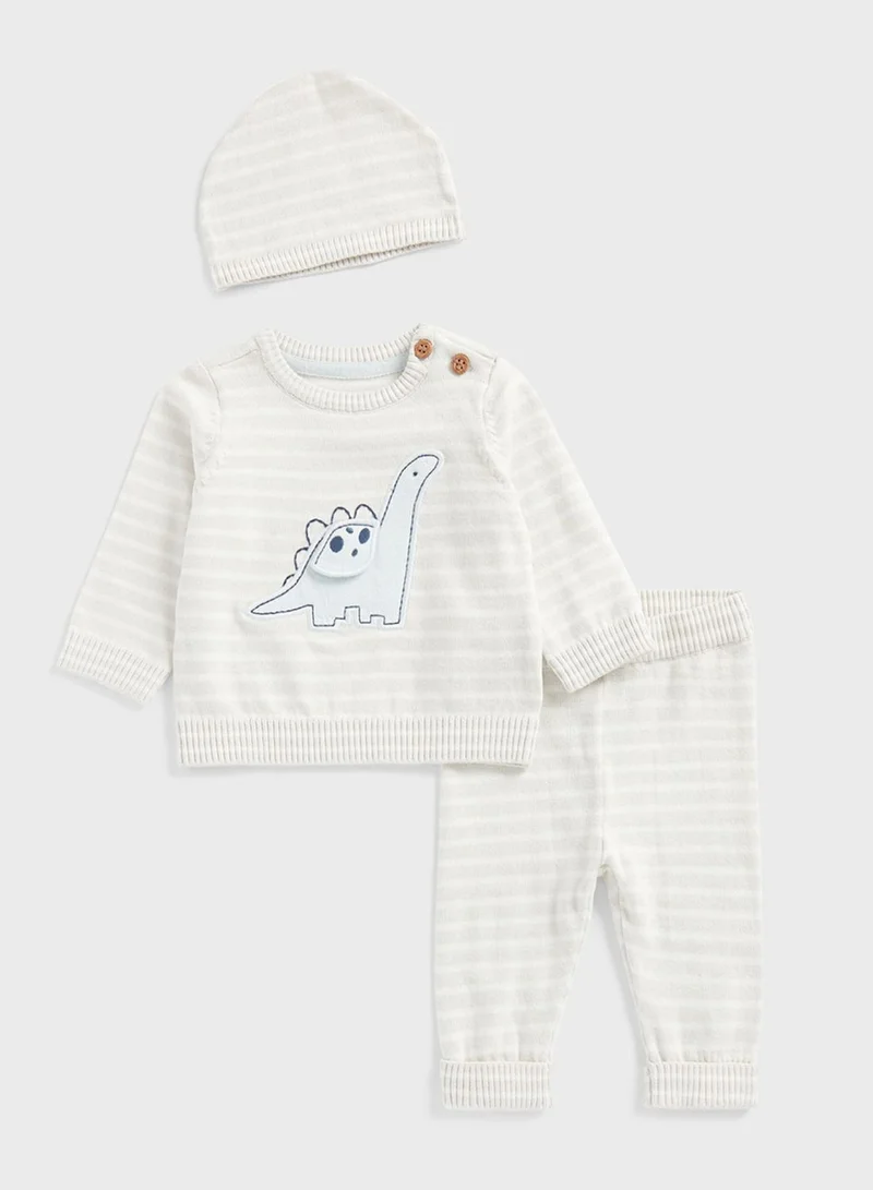 مذركير Infant Dino Print Sweatshirt, Sweatpants & Beanie Set