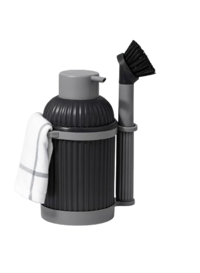 3-Piece plastic kitchen & bathroom cleaning set includes durable cleaning brush 900ml liquid soap dispenser and practical cloth hanger space saving design in grey/black - Image 2